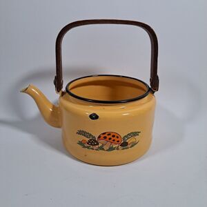 Rare 70’s Sears Roebuck Merry Mushroom Enamel Tea Kettle Handle Pot READ